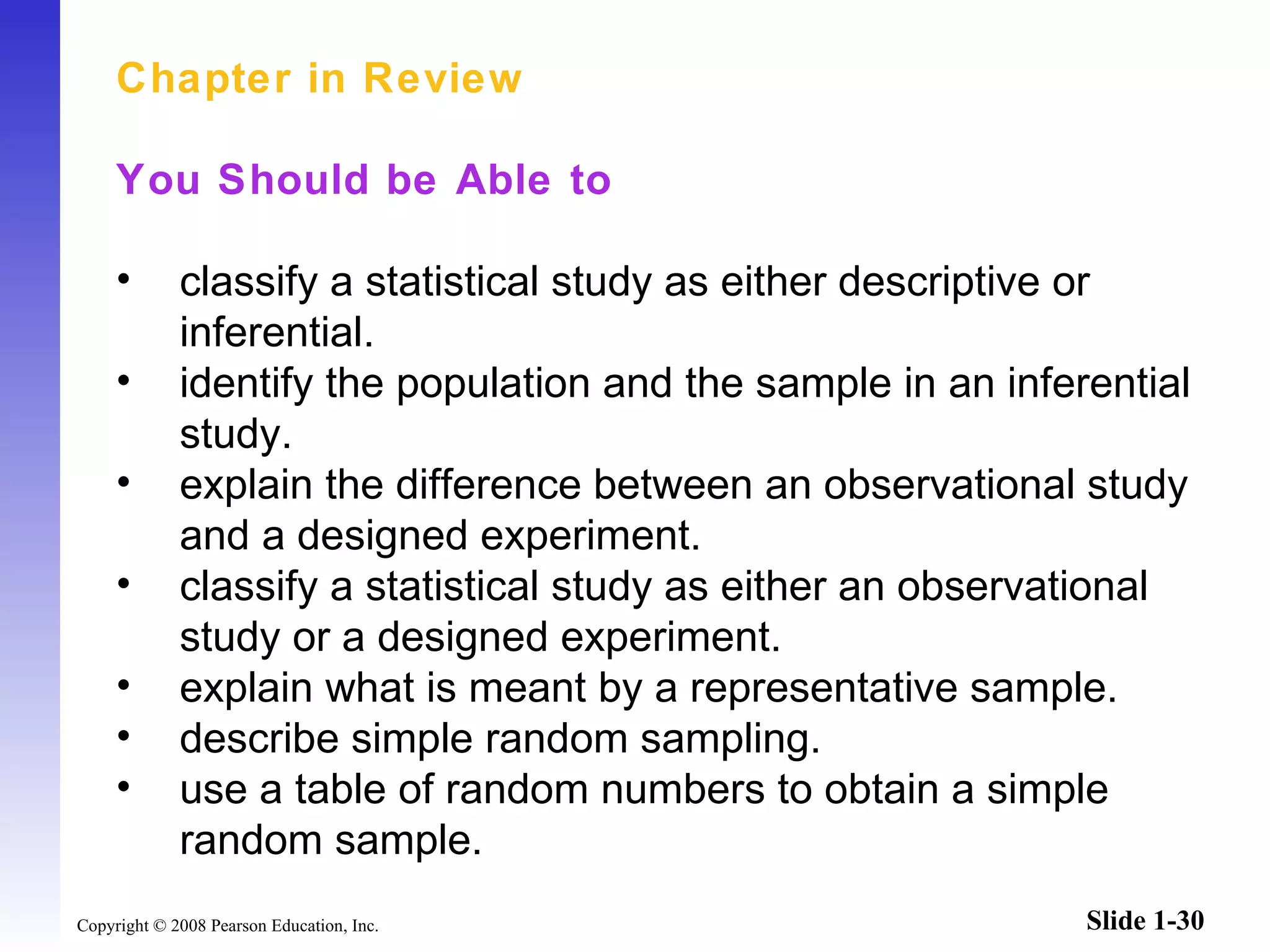 Chapter in Review You Should be Able to classify a statistical study as either descriptive or inferential. identify the population and the sample in an inferential study. explain the difference between an observational study and a designed experiment. classify a statistical study as either an observational study or a designed experiment. explain what is meant by a representative sample. describe simple random sampling. use a table of random numbers to obtain a simple random sample. 