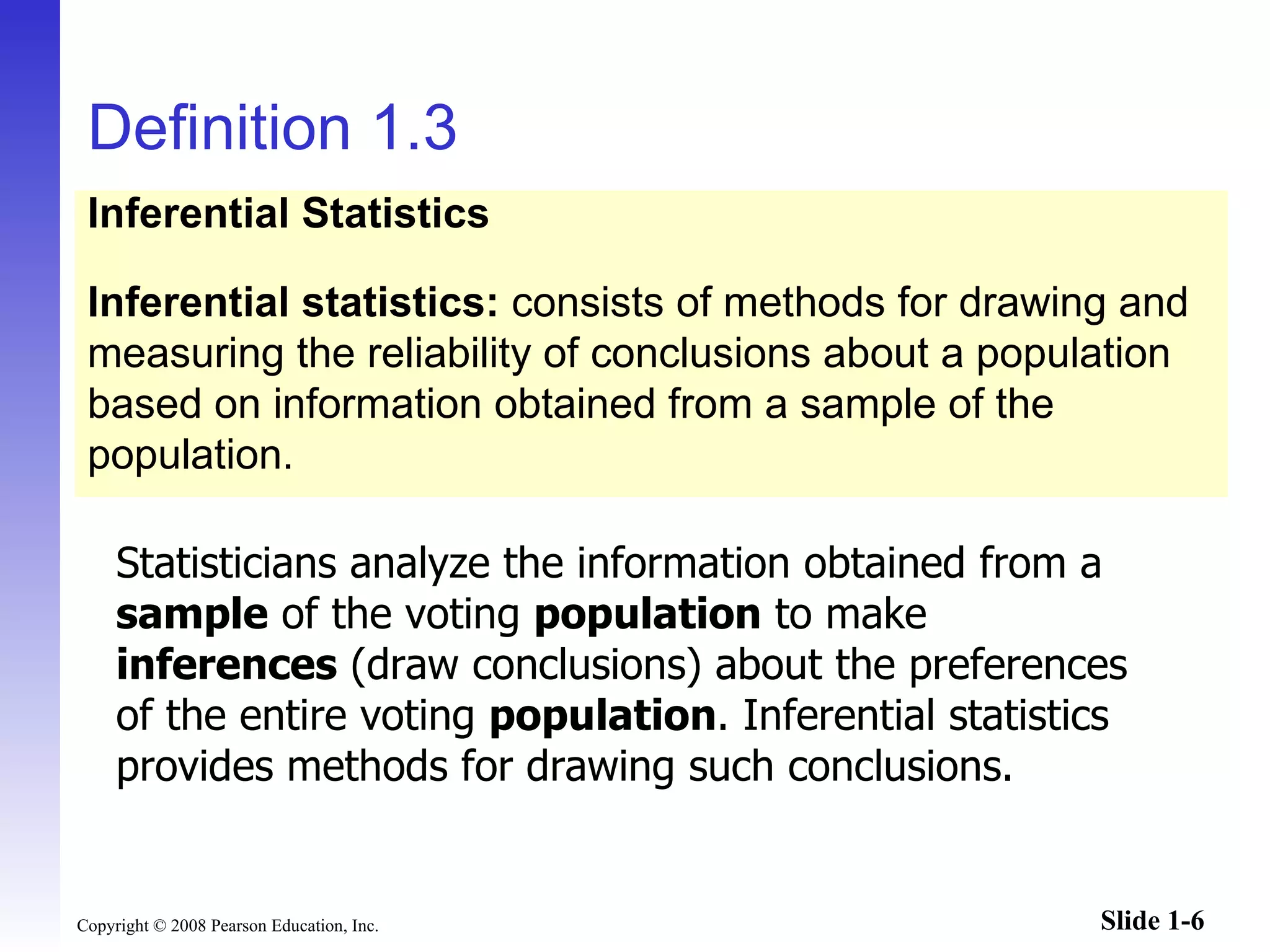 Definition 1.3 Statisticians analyze the information obtained from a  sample  of the voting  population  to make  inferences  (draw conclusions) about the preferences of the entire voting  population . Inferential statistics provides methods for drawing such conclusions. Inferential Statistics Inferential statistics:  consists of methods for drawing and measuring the reliability of conclusions about a population based on information obtained from a sample of the population. 