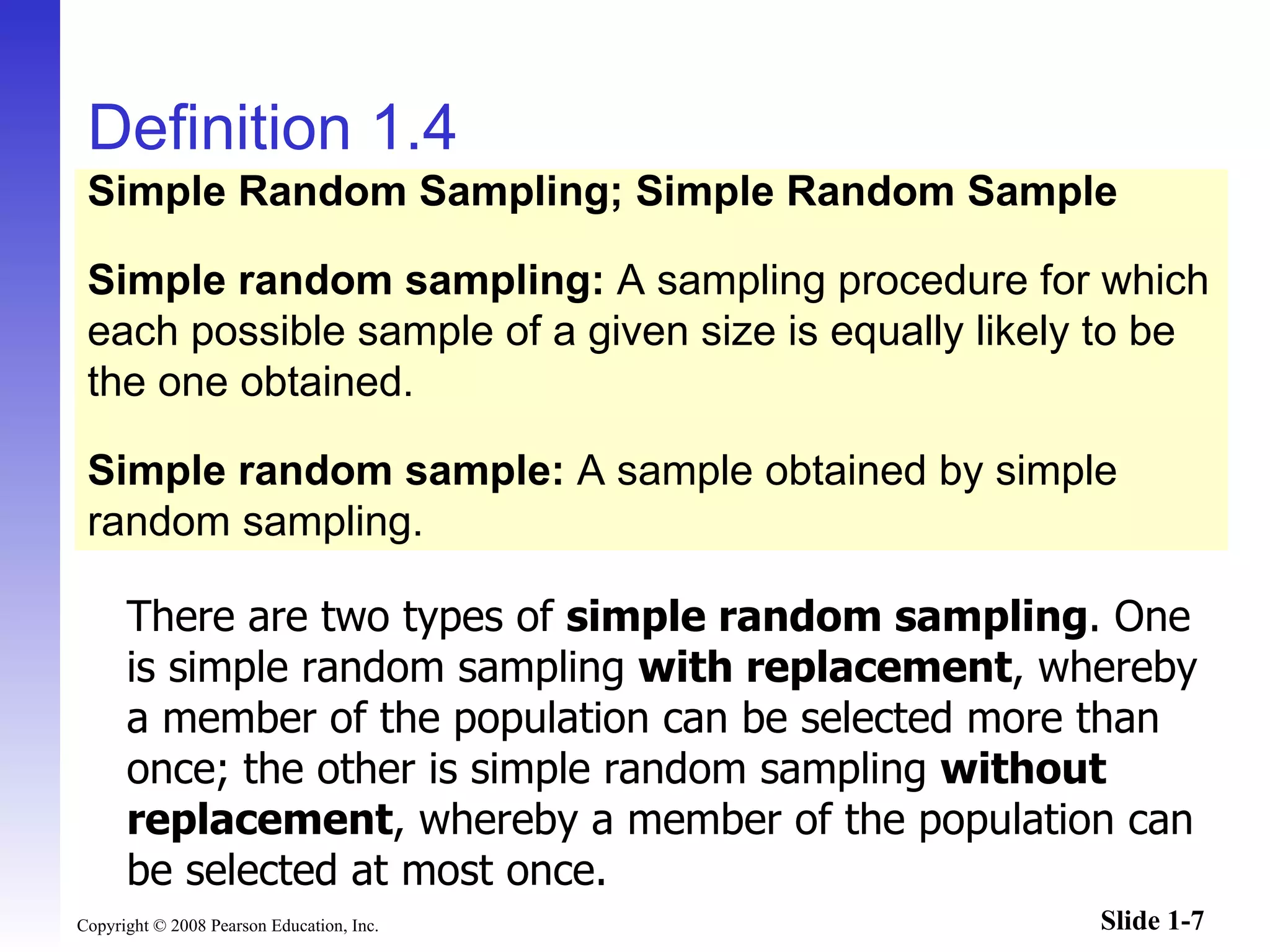 Definition 1.4 There are two types of  simple random sampling . One is simple random sampling  with replacement , whereby a member of the population can be selected more than once; the other is simple random sampling  without replacement , whereby a member of the population can be selected at most once.  Simple Random Sampling; Simple Random Sample Simple random sampling:  A sampling procedure for which each possible sample of a given size is equally likely to be the one obtained. Simple random sample:  A sample obtained by simple random sampling. 