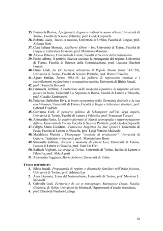 30
35. Emanuela Ravina, I prigionieri di guerra italiani in mano alleate, Università di
Torino, Facoltà di Scienze Politiche, prof. Guido Carpinelli
36. Roberta Lucci, Races et racisme, Università di Urbino, Facoltà di Lingue, prof.
Alfonso Botti
37. Clara Iuliana Moniaci, Adalberto Albini – Imi, Università di Torino, Facoltà di
Lingue e Letteratura Straniera, prof. Mariarosa Masoero
38. Alessio Potocco, Università di Trieste, Facoltà di Scienze della Formazione
39. Paolo Albera, Il perfetto fascista secondo la propaganda del regime, Università
di Torino, Facoltà di Scienze della Comunicazione, prof. Luciana Giacheri
Fossati
40. Dario Lindi, La Dc torinese attraverso il Popolo Nuovo (anni “45-“58),
Università di Torino, Facoltà di Scienze Politiche, prof. Walter Crivellin
41. Agnes Petillat, Torino 1938-45: La politica di repressione razziale e i
rastrellamenti tra fascismo e occupazione nazista, Università di Blaise Pascal,
42. prof. Donatella Bisconti
43. Emanuela Termine, L’evoluzione delle modalità espositive in rapporto all’arte
povera in Italia, Università La Sapienza di Roma, Facoltà di Lettere e Filosofia,
prof. Claudio Zambianchi
44. Federica Garbolino Riva, Il boom economico nella Germania federale e la sua
eco letteraria, Università di Torino, Facoltà di lingue e letterature straniere, prof.
Gehrard Friedrich
45. Giovanna Carè, Il pensiero politico di Schumpeter nell’età degli imperi,
Università di Torino, Facoltà di Lettere e Filosofia, prof. Francesco Tuccari
46. Alessandra Fazio, Le quattro giornate di Napoli iconografia e rappresentazione
diffusa, Università di Torino, Facoltà di Scienze Politiche, prof. Guido Carpinelli
47. Filippo Maria Giordano, Francesco Singleton Lo Bue (provv.), Università di
Pavia, Facoltà di Lettere e Filosofia, prof. Luigi Vittorio Malocchi
48. Maddalena Mettola , Champagne “tecniche di produzione”, Università di
Genova, Traduttori e Interpreti, prof. Massimiliano Rossi
49. Simonetta Sabbino, Ricordi e memorie di David Levi, Università di Torino,
Facoltà di Lettere e Filosofia, prof. Ester De Fort
50. Raffaele Vigliotti, La strage di Torino, Università di Torino, facoltà di Lettere e
Filosofia, prof. Aldo Agosti
51. Alessandra Faggiano, Mario Sobrero, Università di Udine
TESI DI DOTTORATO
1. Silvia Inaudi, Propaganda di regime e dinamiche familiari nell’Italia fascista,
Università di Torino, prof. Adriana Lay
2. Anna Demarin, Tema del Nazionalismo, Università di Torino, prof. Massimo L.
Salvatori
3. Gabriella Lodi, Ecriture(s) de soi et temoignage: Marguerite Duras, Natalia
Ginzburg, R. Robin, Université de Montreal, Departement d’etudes françaises,
4. prof. Elisabeth Nardout-Lafarge
 