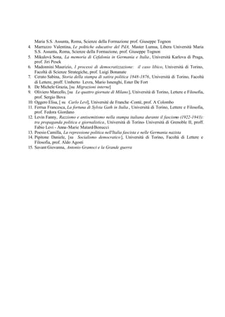 Maria S.S. Assunta, Roma, Scienze della Formazione prof. Giuseppe Tognon
4. Marruzzo Valentina, Le politiche educative del PdA, Master Lumsa, Libera Università Maria
S.S. Assunta, Roma, Scienze della Formazione, prof. Giuseppe Tognon
5. Mikulovà Sona, La memoria di Cefalonia in Germania e Italia, Università Karlova di Praga,
prof. Jiri Pesek
6. Madonnini Maurizio, I processi di democratizzazione: il caso libico, Università di Torino,
Facoltà di Scienze Strategiche, prof. Luigi Bonanate
7. Cerato Sabina, Storia della stampa di satira politica 1848-1876, Università di Torino, Facoltà
di Lettere, proff. Umberto Levra, Mario Isnenghi, Ester De Fort
8. De Michele Grazia, [su Migrazioni interne]
9. Oliviero Marcello, [su Le quattro giornate di Milano], Università di Torino, Lettere e Filosofia,
prof. Sergio Bova
10. Oggero Elisa, [ su Carlo Levi], Université de Franche -Conté, prof. A Colombo
11. Ferrua Francesca, La fortuna di Sylvia Gath in Italia , Università di Torino, Lettere e Filosofia,
prof. Fedora Giordano
12. Levin Fanny, Razzismo e antisemitismo nella stampa italiana durante il fascismo (1922-1943):
tra propaganda politica e giornalistica, Università di Torino- Università di Grenoble II, proff.
Fabio Levi - Anna-Marie Matard-Bonucci
13. Poesio Camilla, La repressione politica nell'Italia fascista e nelle Germania nazista
14. Pipitone Daniele, [su Socialismo democratico], Università di Torino, Facoltà di Lettere e
Filosofia, prof. Aldo Agosti
15. Savant Giovanna, Antonio Gramsci e la Grande guerra
 