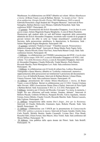 Mauthausen. In collaborazione con SEB27 dibattito sui volumi Milano-Mauthausen
e ritorno di Bruno Vasari, a cura di Barbara Berruti; “Le monde est bon”. Storia
di un antifascista. Giorgio Devalle (Torino 1905-Mauthausen 1945) a cura di
Gabriella Pernechele e degli Studenti del “Progetto Memoria”. Interventi di Piero
Somaglino, Barbara Berruti, Lucio Monaco, Gabriella Pernechele. Sede: Sala
conferenze SEB27. Partecipanti: 85.
- 27 gennaio : Presentazione del dvd di Alessandra Chiappano, A noi fu dato in sorte
questo tempo, Istituto Magistrale Regina Margherita. A cura di Mario Paschetto.
Illustrazione agli studenti delle tre sedi dell’Istituto magistrale delle potenzialità
didattiche del dvd di Alessandra Chiappano, incentrato sulle vicende di un gruppo di
giovani torinesi che ebbe in sorte un "tempo straordinario", caratterizzato dal
fascismo, dalla persecuzione antiebraica, la deportazione, la Resistenza. Sede :
Istituto Magistrale Regina Margherita. Partecipanti 100.
- 31 gennaio: seminario “Federico Cereja” “I bambini nascosti. Persecuzione e
infanzia al tempo della Shoah”. Interventi di: Bruno Maida, Paolo Tagini, Sofia
Volpato, Alessia Olivetti, Elena Vita Finzi, Anna Paola Munari Cereja. Sede: Sala
conferenze Istoreto. Partecipanti: 60.
- 2 febbraio : in collaborazione con l’INSMLI, presentazione del DVD A noi fu dato
in sorte questo tempo 1938-1937, a cura di Alessandra Chiappano e di N!03, e del
volume Voci della Resistenza ebraica, a cura di Alessandra Chiappano. Interventi
di Alessandra Chiappano, Claudio Dellavalle, Vanda Maestro, Paolo Ranieri,
Riccardo Marchis, Paolo Momigliano Levi. Sede: Sala conferenze Istoreto.
Partecipanti: 50.
- 3 febbraio: in collaborazione con il Circolo di cultura Gay, Lesbica, Bisessuale,
Transgender e Queer Maurice, dibattito su “Lesbiche e transessuali. memoria e
rappresentazione delle persecuzioni nei totalitarismi”e proiezione del documentario
Essere Lucy di Gabriella Romano. Interventi di Barbara Berruti, Liliana Ellena,
Vittoria Trussoni. Sede: Sala conferenze Istoreto. Partecipanti: 45.
- 14 febbraio: presentazione del volume Milano-Mauthausen e ritorno, di Bruno
Vasari, a cura di Barbara Berruti in collaborazione con U.C.D.G. Unione Cristiana
delle Giovani, ADEI (Associazione Donne Ebree d’Italia). Interventi di Piera Egidi
e Barbara Berruti. Sede Associazione Y.W.C.A. -U.C.D.G. Partecipanti: 40.
- 9 febbraio: iniziativa per il Giorno del Ricordo. Convegno “La storia, la memoria, i
luoghi. Per una riflessione sull’esodo istriano, fiumano, dalmata”. Interventi di
Roberto Placido, Umberto D’Ottavio, Pierpaolo Rivello. Fulvio Aquilante, Antonio
Ferrara, Enrico Miletto, Claudio Vercelli, Riccardo Marchis. Sede: Palazzo Lascaris,
Sala Viglione. Partecipanti: 110.
- 21 febbraio: inaugurazione della mostra Don’t forget....Arte per la Resistenza.
Interventi di Claudio Dellavalle, Gianmaria Ajani, Roberto Placido. Sede: Sala
Bolaffi. Partecipanti: 50.
- 23 febbraio: collaborazione con l’ANCR per la presentazione di Cantacronache
1958-1962: politica e protesta in musica. Interventi di Fausto Amodei, Emilio Jona,
Carlo Pestelli, Michele Bentini, Sandra Cassanelli, Liviana Davì, Elisa Dondi,
Rossella Fabri, Chiara Ferrari, Sara Macori, Alice Tonini. Sede: Sala conferenze del
Museo Diffuso. Partecipanti: 70.
- 28 febbraio: Asta pubblica delle opera donate dai Pittori. Sede: Sala Bolaffi.
Partecipanti: 70.
29
 