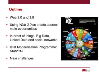Outline
 Web 2.0 and 3.0
 Using Web 3.0 as a data source:
main opportunities

 Internet of things, Big Data,
Linked Data and social networks
 Istat Modernisation Programme:
Stat2015
 Main challenges

 
