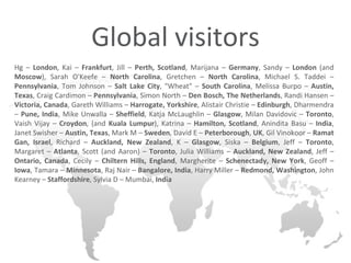 Global visitors Hg –  London , Kai –  Frankfurt , Jill –  Perth, Scotland , Marijana –  Germany , Sandy –  London  (and  Moscow ), Sarah O'Keefe –  North Carolina , Gretchen –  North Carolina , Michael S. Taddei –  Pennsylvania , Tom Johnson –  Salt Lake City , "Wheat" –  South Carolina , Melissa Burpo –  Austin, Texas , Craig Cardimon –  Pennsylvania , Simon North –  Den Bosch, The Netherlands , Randi Hansen –  Victoria, Canada , Gareth Williams –  Harrogate, Yorkshire , Alistair Christie –  Edinburgh , Dharmendra –  Pune, India , Mike Unwalla –  Sheffield , Katja McLaughlin –  Glasgow , Milan Davidovic –  Toronto , Vaish Vijay –  Croydon , (and  Kuala Lumpur ), Katrina –  Hamilton, Scotland , Anindita Basu –  India , Janet Swisher –  Austin, Texas , Mark M –  Sweden , David E –  Peterborough ,  UK , Gil Vinokoor –  Ramat Gan, Israel , Richard –  Auckland, New Zealand , K –  Glasgow , Siska –  Belgium , Jeff –  Toronto , Margaret –  Atlanta , Scott (and Aaron) –  Toronto , Julia Williams –  Auckland, New Zealand , Jeff –  Ontario, Canada , Cecily –  Chiltern Hills, England , Margherite –  Schenectady, New York , Geoff –  Iowa , Tamara –  Minnesota , Raj Nair –  Bangalore, India , Harry Miller –  Redmond, Washington , John Kearney –  Staffordshire , Sylvia D – Mumbai,  India 