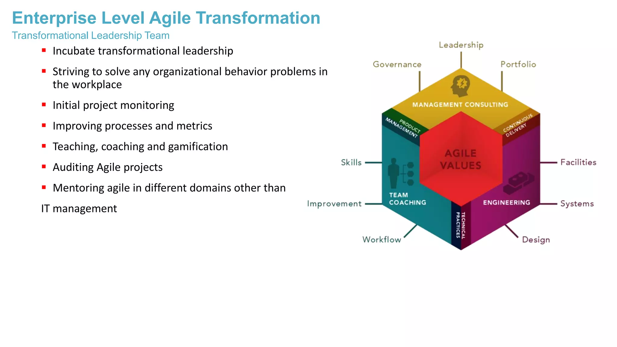 Enterprise Level Agile Transformation
 Incubate transformational leadership
 Striving to solve any organizational behavior problems in
the workplace
 Initial project monitoring
 Improving processes and metrics
 Teaching, coaching and gamification
 Auditing Agile projects
 Mentoring agile in different domains other than
IT management
Transformational Leadership Team
 