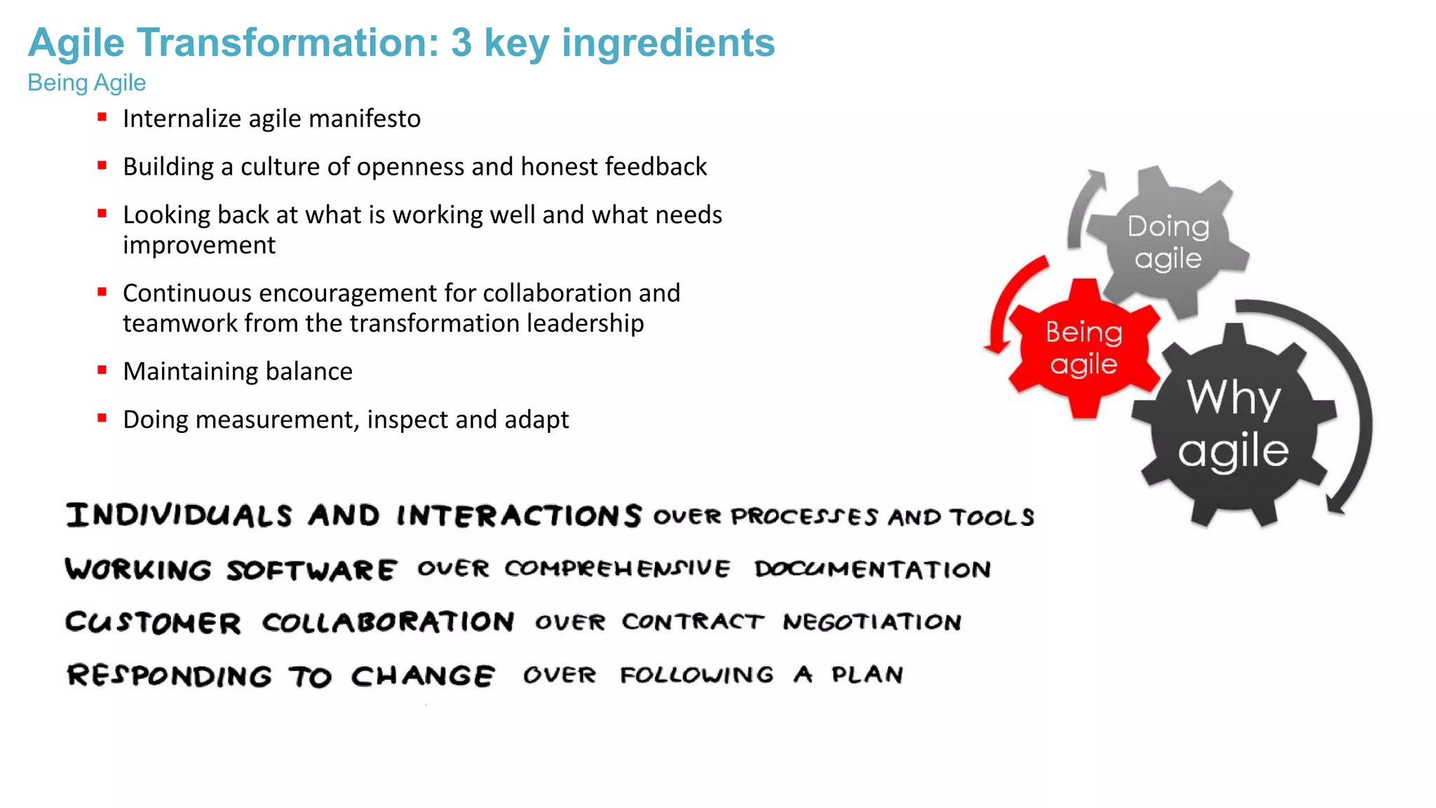 Agile Transformation: 3 key ingredients
 Internalize agile manifesto
 Building a culture of openness and honest feedback
 Looking back at what is working well and what needs
improvement
 Continuous encouragement for collaboration and
teamwork from the transformation leadership
 Maintaining balance
 Doing measurement, inspect and adapt
Being Agile
 