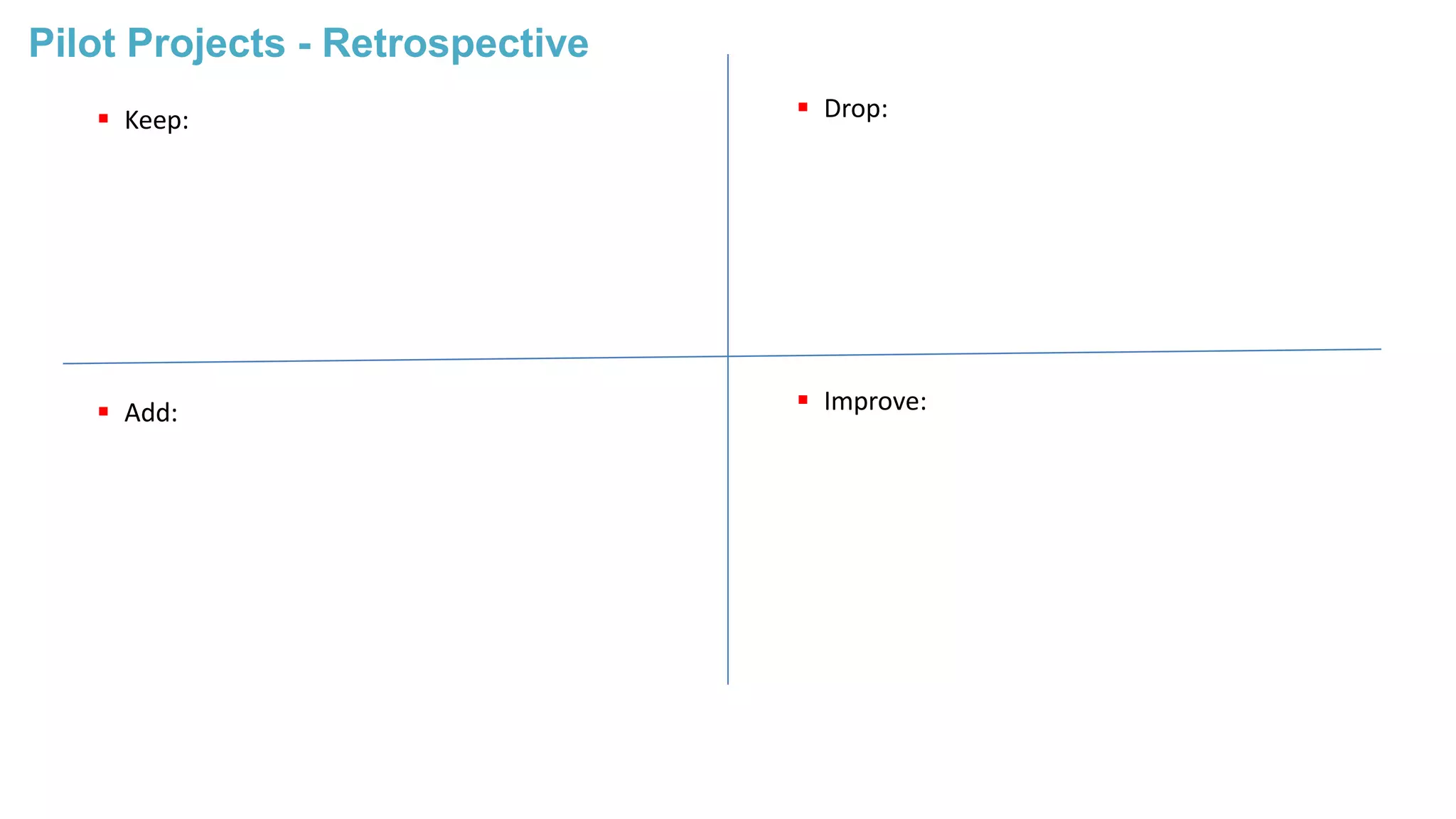 Pilot Projects - Retrospective
 Keep:
 Add:
 Drop:
 Improve:
 