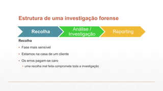 Estrutura de uma investigação forense
Recolha
Análise /
Investigação
Reporting
Recolha
▪ Fase mais sensível
▪ Estamos na casa de um cliente
▪ Os erros pagam-se caro
▪ uma recolha mal feita compromete toda a investigação
 