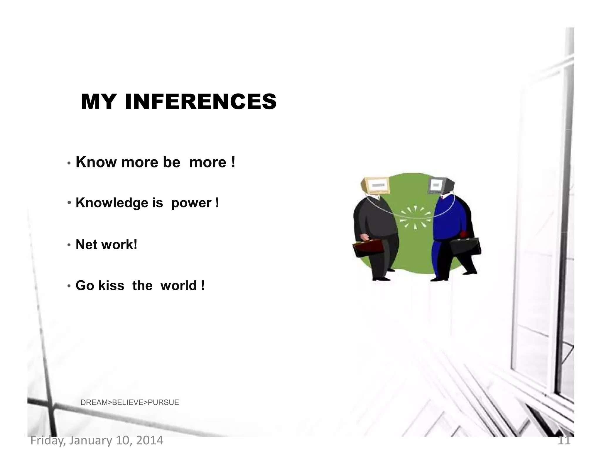 MY INFERENCES
•

Know more be more !

• Knowledge is power !
• Net work!
• Go kiss the world !

DREAM>BELIEVE>PURSUE

Friday, January 10, 2014

11

 