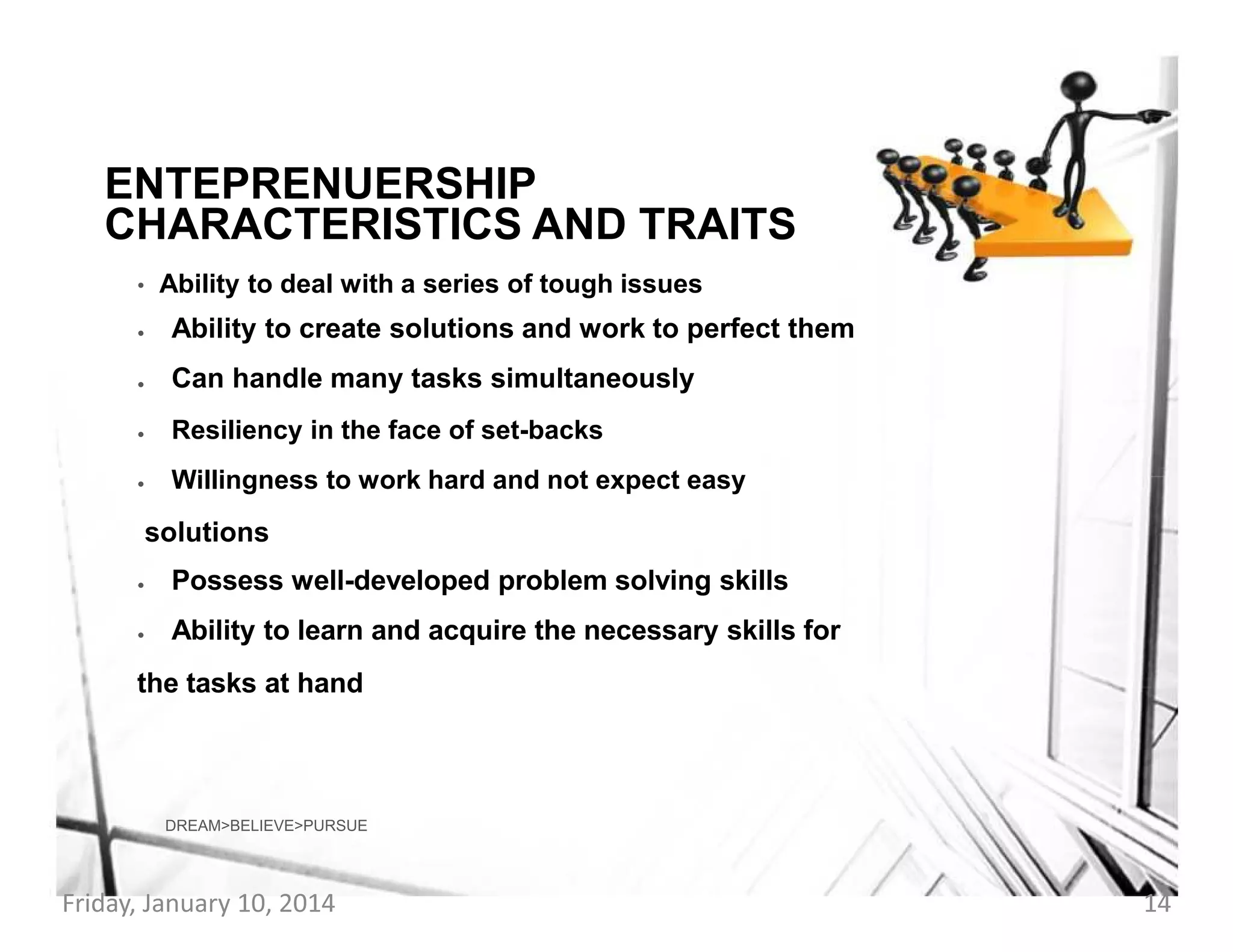 ENTEPRENUERSHIP
CHARACTERISTICS AND TRAITS
•

Ability to deal with a series of tough issues

•

Ability to create solutions and work to perfect them

•

Can handle many tasks simultaneously

•

Resiliency in the face of set-backs

•

Willingness to work hard and not expect easy

solutions
•

Possess well-developed problem solving skills

•

Ability to learn and acquire the necessary skills for

the tasks at hand

DREAM>BELIEVE>PURSUE

Friday, January 10, 2014

14

 