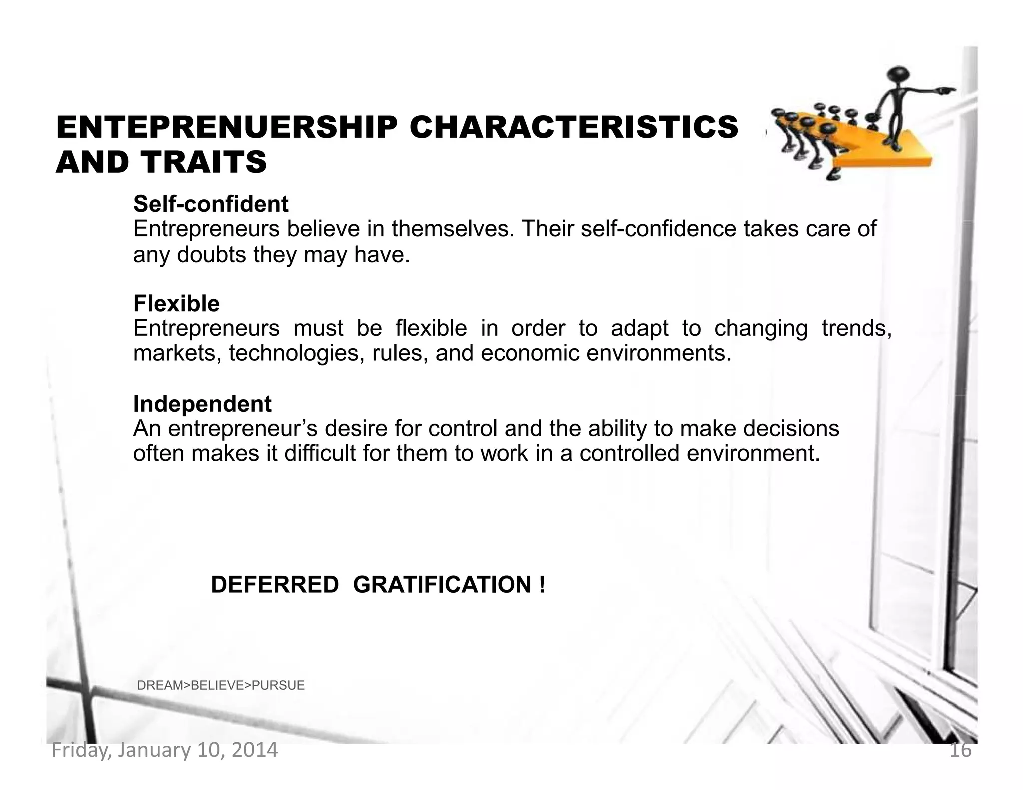 ENTEPRENUERSHIP CHARACTERISTICS
AND TRAITS
Self-confident
Entrepreneurs believe in themselves. Their self-confidence takes care of
any doubts they may have.
Flexible
Entrepreneurs must be flexible in order to adapt to changing trends,
markets, technologies, rules, and economic environments.
Independent
An entrepreneur’s desire for control and the ability to make decisions
often makes it difficult for them to work in a controlled environment.

DEFERRED GRATIFICATION !

DREAM>BELIEVE>PURSUE

Friday, January 10, 2014

16

 