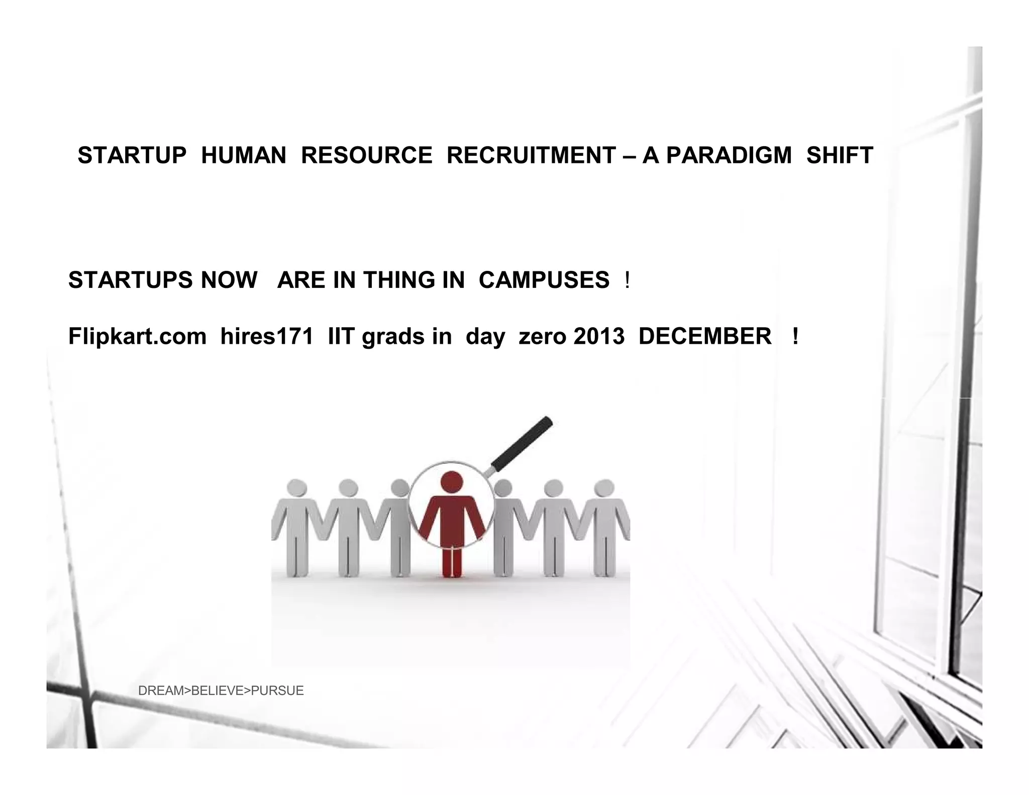 STARTUP HUMAN RESOURCE RECRUITMENT – A PARADIGM SHIFT

STARTUPS NOW ARE IN THING IN CAMPUSES !
Flipkart.com hires171 IIT grads in day zero 2013 DECEMBER !

DREAM>BELIEVE>PURSUE

 