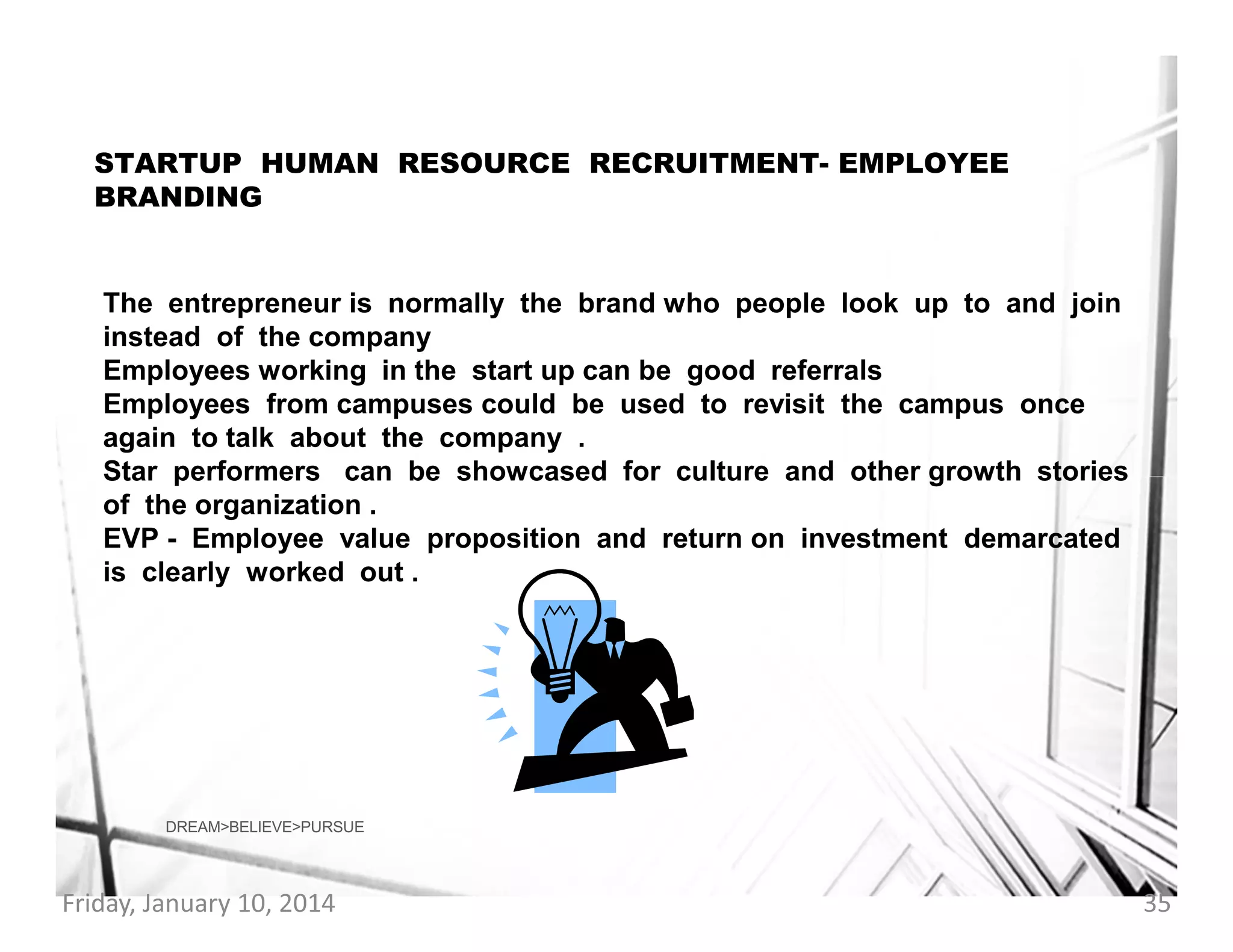 STARTUP HUMAN RESOURCE RECRUITMENT- EMPLOYEE
BRANDING

The entrepreneur is normally the brand who people look up to and join
instead of the company
Employees working in the start up can be good referrals
Employees from campuses could be used to revisit the campus once
again to talk about the company .
Star performers can be showcased for culture and other growth stories
of the organization .
EVP - Employee value proposition and return on investment demarcated
is clearly worked out .

DREAM>BELIEVE>PURSUE

Friday, January 10, 2014

35

 