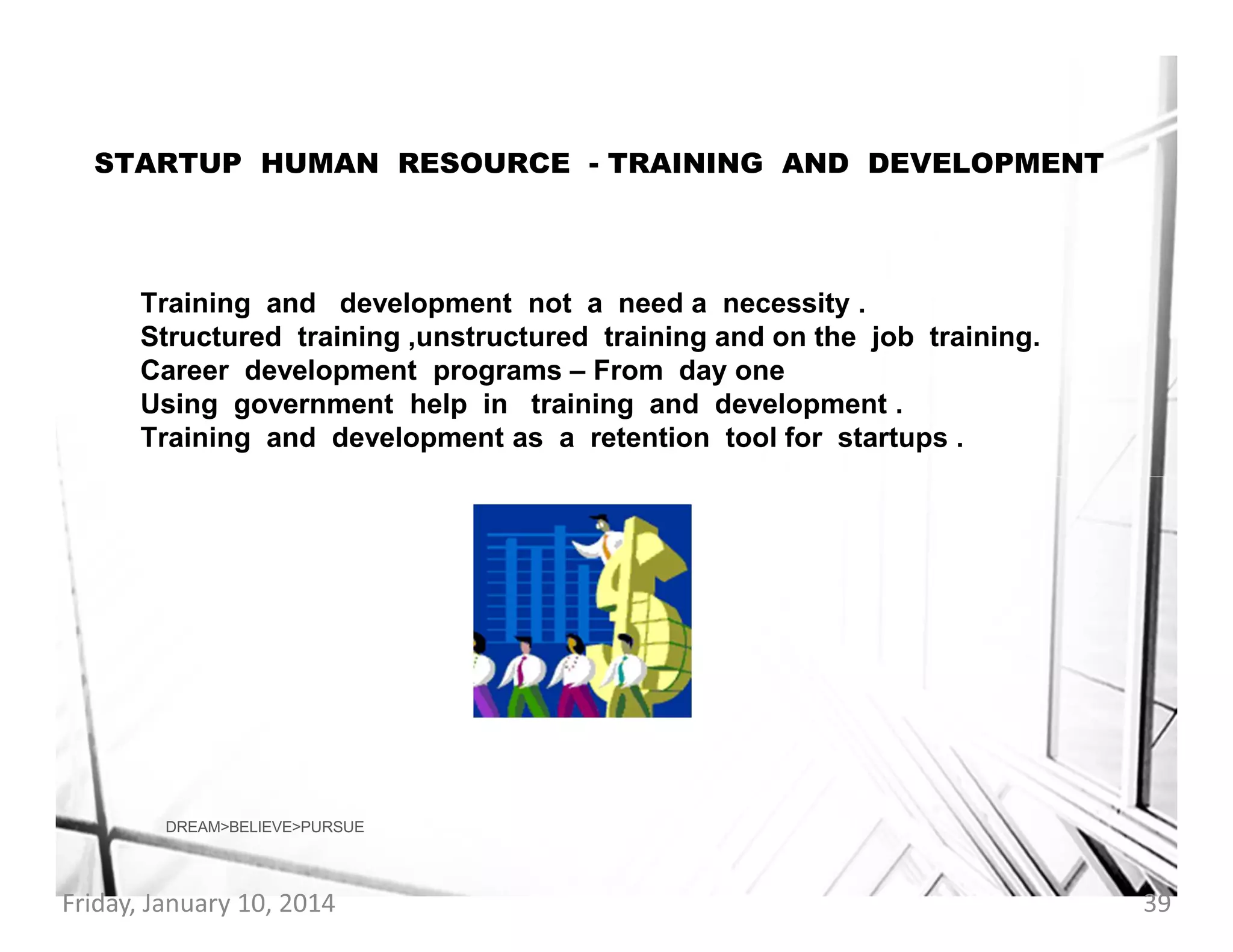 STARTUP HUMAN RESOURCE - TRAINING AND DEVELOPMENT

Training and development not a need a necessity .
Structured training ,unstructured training and on the job training.
Career development programs – From day one
Using government help in training and development .
Training and development as a retention tool for startups .

DREAM>BELIEVE>PURSUE

Friday, January 10, 2014

39

 