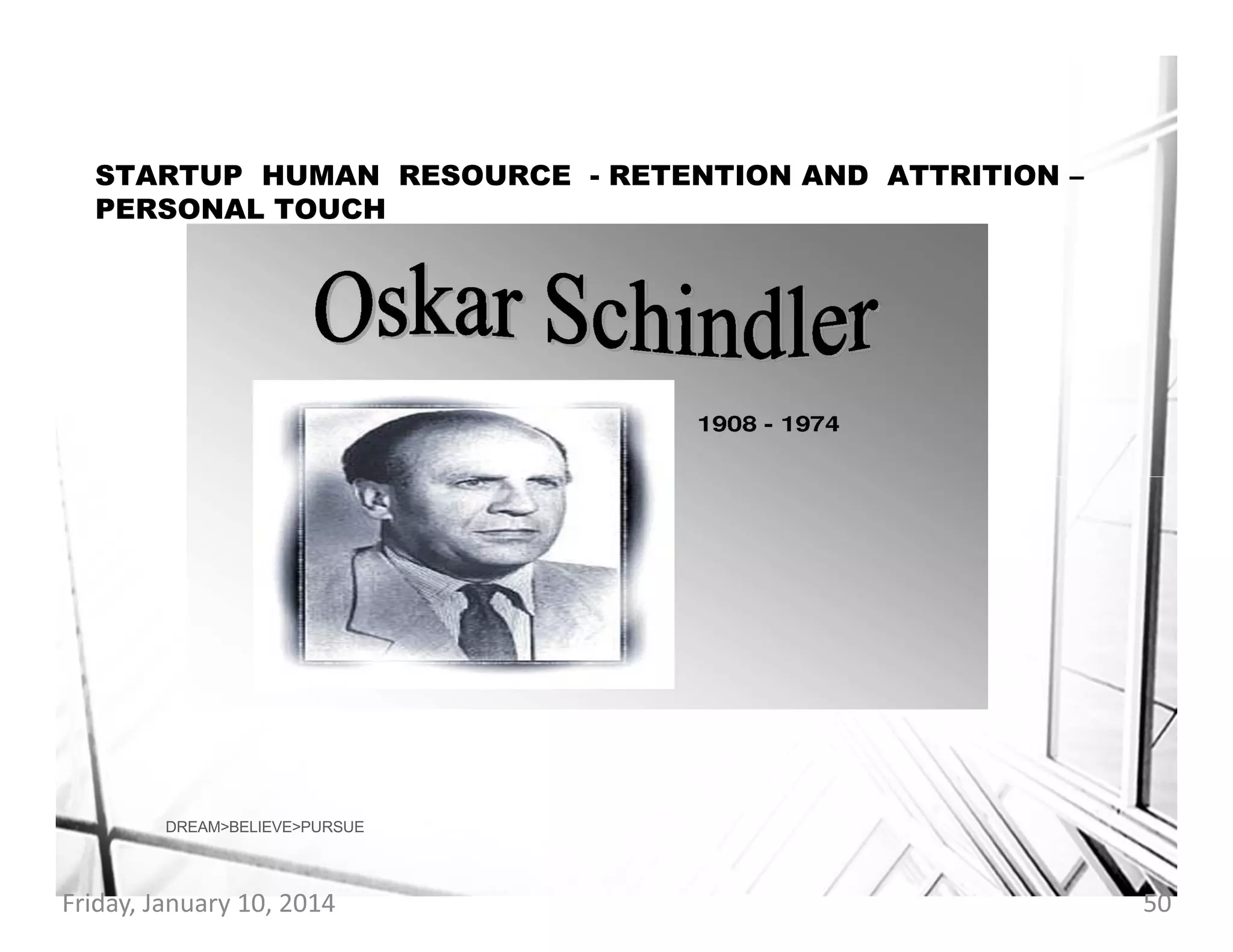 STARTUP HUMAN RESOURCE - RETENTION AND ATTRITION –
PERSONAL TOUCH

DREAM>BELIEVE>PURSUE

Friday, January 10, 2014

50

 