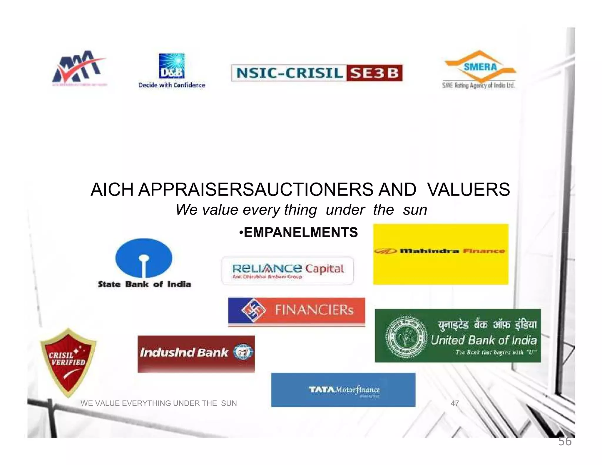 AICH APPRAISERSAUCTIONERS AND VALUERS
We value every thing under the sun
•EMPANELMENTS

WE VALUE EVERYTHING UNDER THE SUN

47

56

 