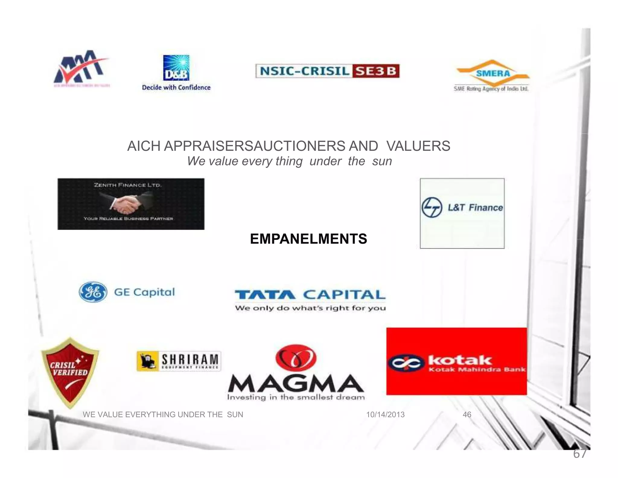 AICH APPRAISERSAUCTIONERS AND VALUERS
We value every thing under the sun

EMPANELMENTS

WE VALUE EVERYTHING UNDER THE SUN

10/14/2013

46

67

 