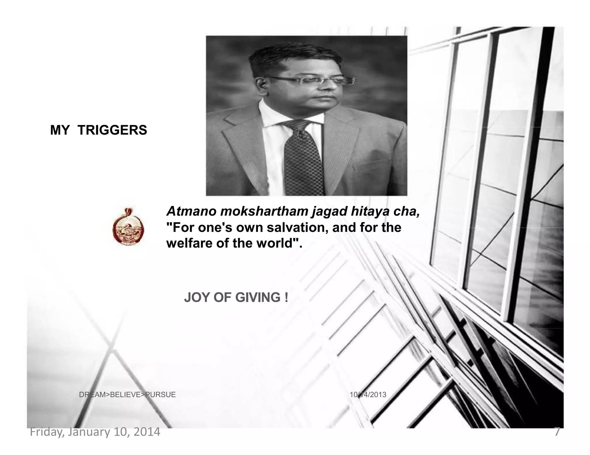 MY TRIGGERS

Atmano mokshartham jagad hitaya cha,
"For one's own salvation, and for the
welfare of the world".

JOY OF GIVING !

DREAM>BELIEVE>PURSUE

Friday, January 10, 2014

10/14/2013

7

7

 