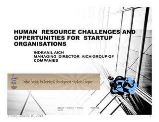 HUMAN RESOURCE CHALLENGES AND
OPPERTUNITIES FOR STARTUP
ORGANISATIONS

Dream > Believe > Pursue
AICH

Friday, January 10, ...