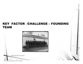 KEY FACTOR /CHALLENGE – FOUNDING
TEAM

DREAM>BELIEVE>PURSUE

Friday, January 10, 2014

19

 