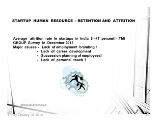 STARTUP HUMAN RESOURCE - RETENTION AND ATTRITION

Average attrition rate in startups in India 8 –47 percent!- TMI
GROUP Su...