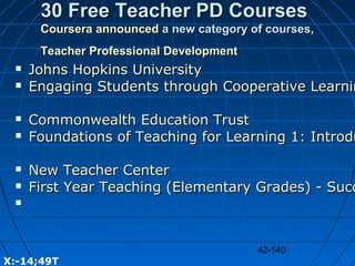 42-140
30 Free Teacher PD Courses30 Free Teacher PD Courses
CourseraCoursera announcedannounced a new category of courses,...