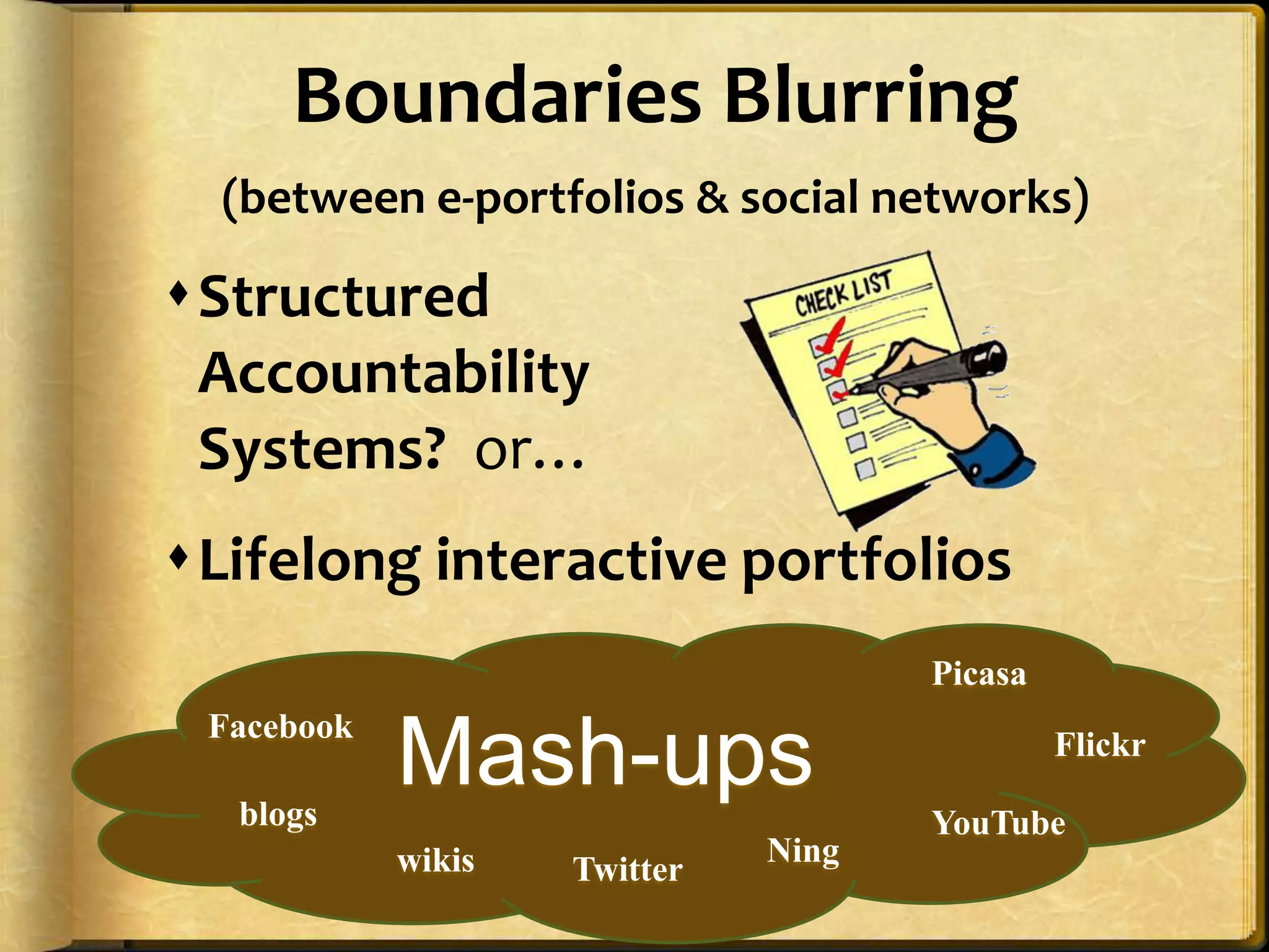 Managing OneselfPeter Drucker, (2005) Harvard Business Review“Success in the knowledge economy comes to those who know themselves – their strengths, their values, and how best they perform.”Purpose: Use ePortfolios for managing knowledge workers' career developmentWhat are my strengths?How do I perform?What are my values?Where do I belong?What should I contribute?Responsibility for RelationshipsThe Second Half of your Life