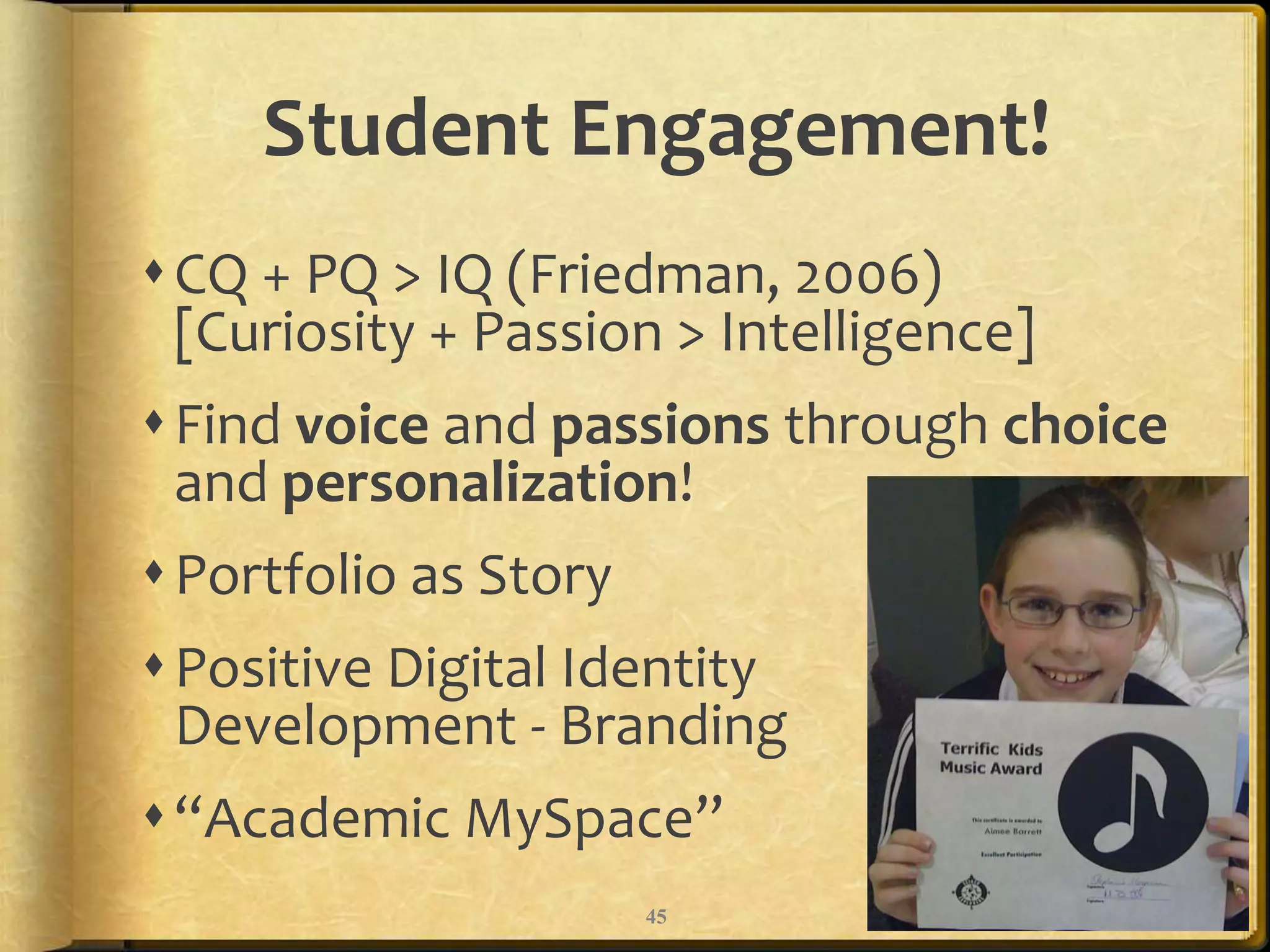Developmental PlansK-2– no individual student accounts & Class Portfolios  [Blogger]Grades 3-5 – Individual student accounts & Level 1 portfolios with introduction to Reflection [Blogger & Docs]Grades 6-8 – Individual student accounts & Level 2 portfolios (Collection + Reflection) [All tools]Grades 9-12 – Individual student accounts & Level 3 portfolios (Selection & Presentation) [All tools]