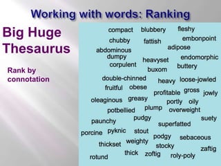 Working with words: Ranking <br />Big Huge Thesaurus<br />Rank by<br />connotation<br />