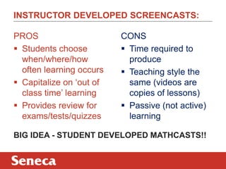 INSTRUCTOR DEVELOPED SCREENCASTS:
CONS
 Time required to
produce
 Teaching style the
same (videos are
copies of lessons)
 Passive (not active)
learning
PROS
 Students choose
when/where/how
often learning occurs
 Capitalize on „out of
class time‟ learning
 Provides review for
exams/tests/quizzes
BIG IDEA - STUDENT DEVELOPED MATHCASTS!!
 