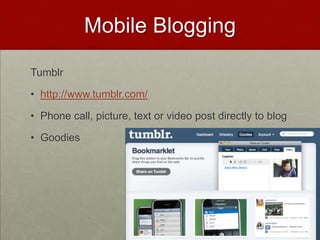 EXAMPLE: Mobile Podcasting Project:  Field TripsHigh School Chemistry Students on a field trip at Cranbrook Science Museum in MI. Cell Phones pictures documented chemical elements.Used:  Camera on cell phone and sent to drop.io at http://drop.io/CKCHEM4