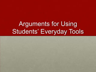 Speak up 2010 Report 100,000+ studentsFor the first time since 2003, when asked to identify the major obstacle to prevent use of technology in school, students in grades 6–12 said “I cannot use my own cell phone, smart phone or Mp3 player in school.”