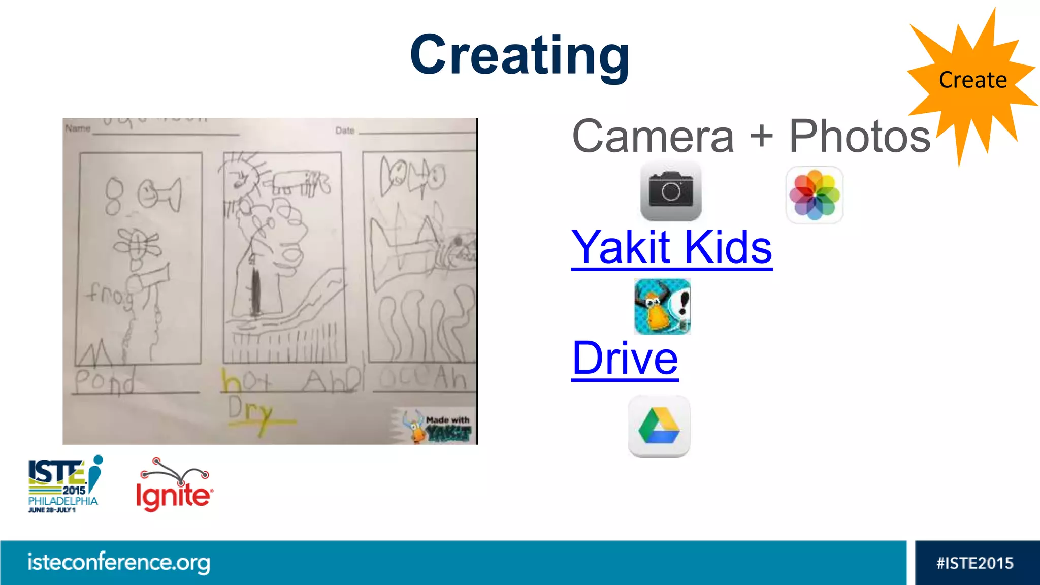 Creating
Camera + Photos
Yakit Kids
Drive
Create
 