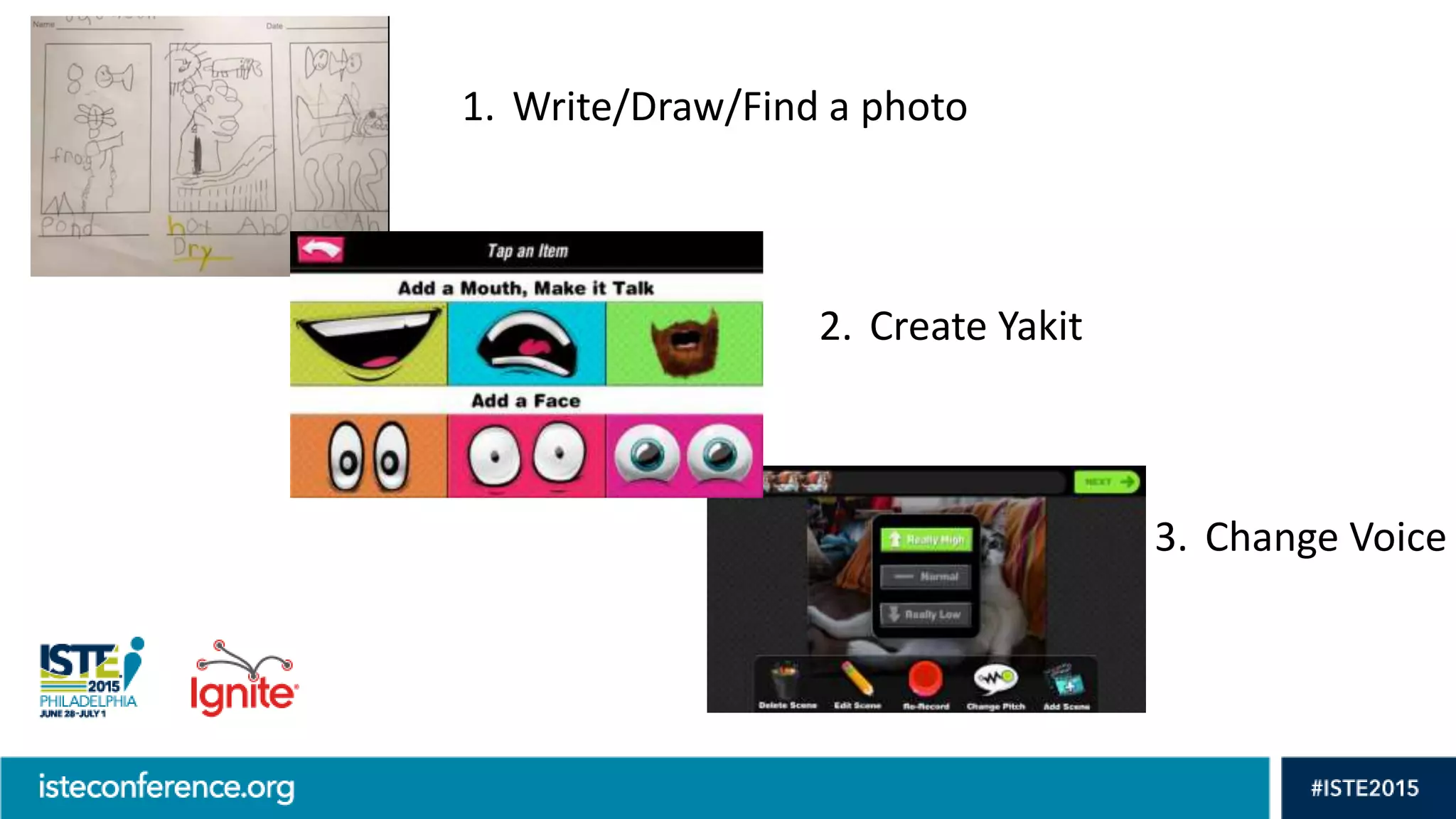 1. Write/Draw/Find a photo
2. Create Yakit
3. Change Voice
 