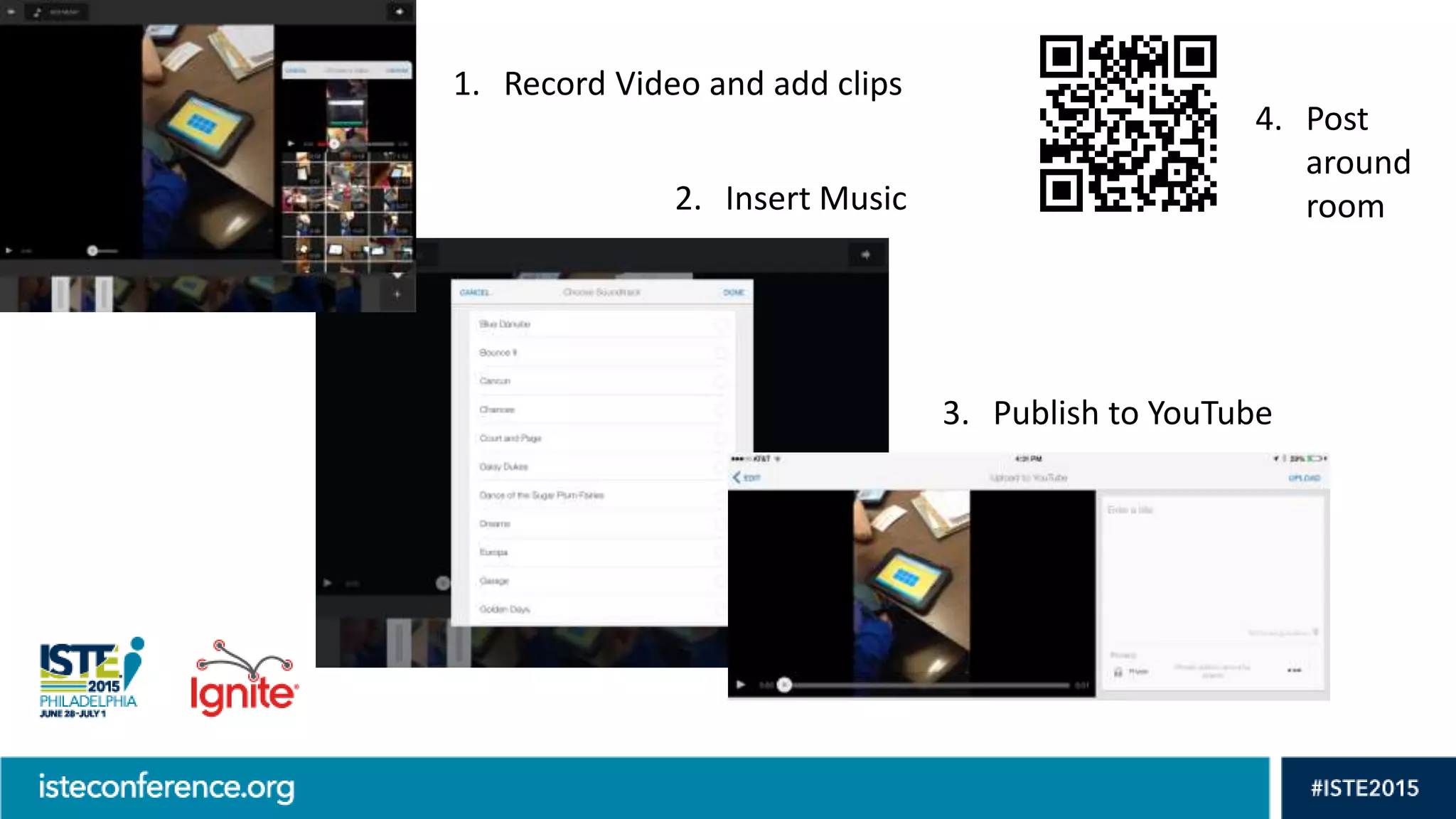 1. Record Video and add clips
2. Insert Music
3. Publish to YouTube
4. Post
around
room
 