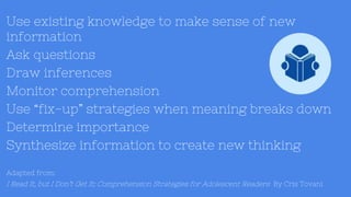 Use existing knowledge to make sense of new
information
Ask questions
Draw inferences
Monitor comprehension
Use “fix-up” strategies when meaning breaks down
Determine importance
Synthesize information to create new thinking
Adapted from:
I Read It, but I Don’t Get It: Comprehension Strategies for Adolescent Readers By Cris Tovani
 