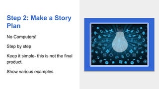 Step 2: Make a Story
Plan
No Computers!
Step by step
Keep it simple- this is not the final
product.
Show various examples
 