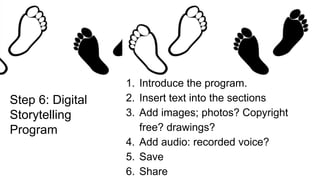 Step 6: Digital
Storytelling
Program
1. Introduce the program.
2. Insert text into the sections
3. Add images; photos? Copyright
free? drawings?
4. Add audio: recorded voice?
5. Save
6. Share
 