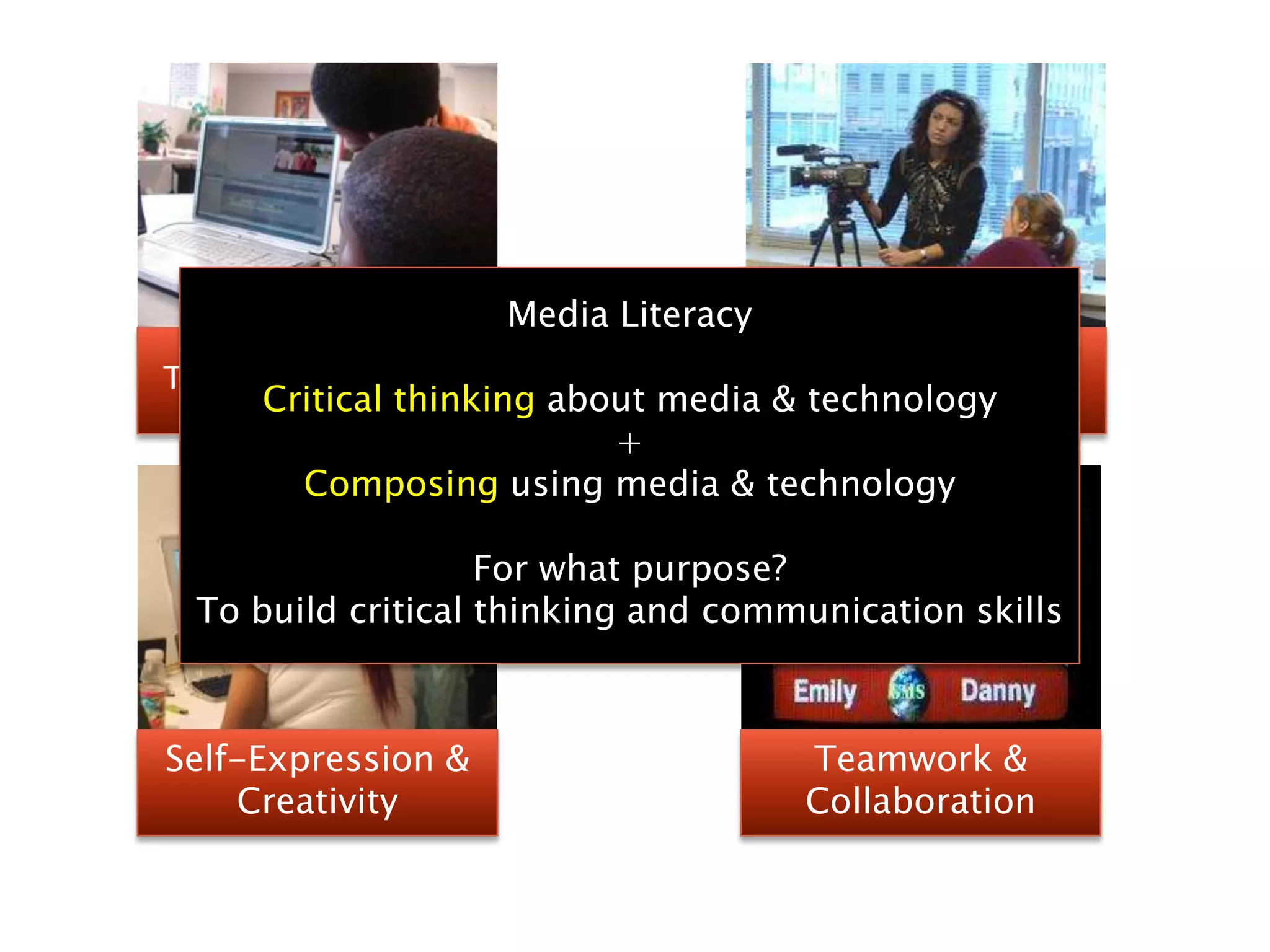 Media LiteracyCritical thinking about media & technology+ Composing using media & technologyFor what purpose? To build critical thinking and communication skillsCritical Thinking, Reflection & EthicsUsing Technology Tools WellSelf-Expression & CreativityTeamwork & Collaboration