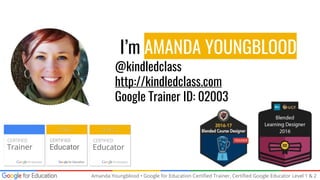 Amanda Youngblood • Google for Education Certified Trainer, Certified Google Educator Level 1 & 2
I’m AMANDA YOUNGBLOOD
@kindledclass
http://kindledclass.com
Google Trainer ID: 02003
 