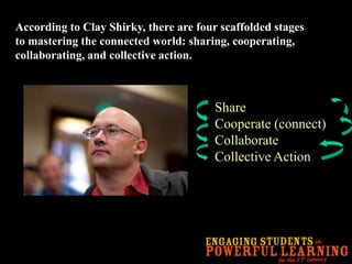 According to Clay Shirky, there are four scaffolded stages to mastering the connected world: sharing, cooperating, collaborating, and collective action.ShareCooperate (connect)CollaborateCollective Action