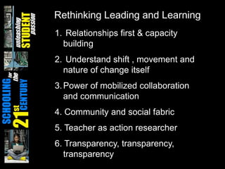 Rethinking Leading and LearningRelationships first & capacity building Understand shift , movement and nature of change itselfPower of mobilized collaboration and communication4. Community and social fabric 5. Teacher as action researcher6. Transparency, transparency, transparency