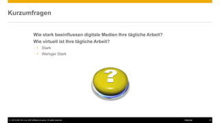 © 2016 SAP SE or an SAP affiliate company. All rights reserved. 14Internal
Kurzumfragen
Wie stark beeinflussen digitale Medien Ihre tägliche Arbeit?
Wie virtuell ist Ihre tägliche Arbeit?
• Stark
• Weniger Stark
 