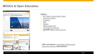 © 2016 SAP SE or an SAP affiliate company. All rights reserved. 20Internal
MOOCs & Open Education
MOOCs
• MIT Open Course Ware Projekt
• iTunes University:
• Coursera
• EdX
• Udacity
• https://iversity.org/
• 100 Tools for Learning
• openSAP: https://open.sap.com
• SAP Learning Hub: Kostenfreier Probezugang
(Discovery Edition) Learning Room
 