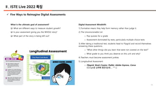 10
Ⅱ. ISTE Live 2022 특징
ü Five Ways to Reimagine Digital Assessments
10
What is the ultimate goal of assessment?
q What are different ways to measure student growth?
q Is your assessment giving you the WHOLE story?
q What part of the story is being left out?
Digital Assessment Mindshift:
1) Formative means they help form memory rather than judge it.
2) The Unconscionable List
o Pop quizzes for a grade
o Assessment dominated by tests, particularly multiple choice tests
3) After taking a traditional test, students head to Flipgrid and record themselves
answering these questions.
o “What other things did you learn that were not covered on the test?”
o What grade to you think you deserve on this unit and why?
4) Teachers must become assessment junkies
5) Longitudinal Assessment
o Flipgrid, Book Creator, Padlet, Adobe Express, Canva
(Google은 순위에 못든다는데…, ^^;;)
Longitudinal Assessment
 
