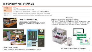 19
Ⅲ. 눈여겨 볼만한 제품: STEAM 교육
서비스명 STEMfinity
요약
PreK-12 STEAM 교육을 위한 원스톱 STEM 쇼핑몰
- 과학, 테크, 로보틱스, 엔지니어링, 아트, 수학, 캠프 등 다양한 카테고리의 물품 구성
관련 키워드 Classroom Technologies, Curriculum and Instructional Tools, Robotics, Virtual Reality
관련 링크 https://stemfinity.com/collections/animal-studies, https://hanback.com/en/archives/10810
[Smart Farm]
• 농작물 기르기 학습자료 & 키트 제공
- Next Generation Science Standards(미국
차세대과학교육표준): 국제적으로 벤치마킹된 과학교육을
제공하기 위한 교육 표준을 준수한 농업에 대한 과학학습
자료 제공
농작물 기르기 학습자료 & 키트 제공(실시간 환경 조작 가능)
- 난방, 환기, 공조 등의 시스템 제공/식물에 필요한 빛, 온도, 습도를 모니터링 & 제어
- 식물 성장을 위한 DC LED 조명 제공, 수분 센서를 통한 워터 펌프 제어 기능 제공
- 스마트폰으로 팬이나 도어 시스템의 실시간 원격 관리 및 원격 제어(대시보드)
[디지털 콘텐츠 및 농경 키트]
[농경 키트 & 키트 내 환경 조작이 가능한 대시보드]
실내 및 실외 성장 키트, NGSS에 맞춰진 온라인 커리큘럼 플랫폼(비디오 강의) 제공
 