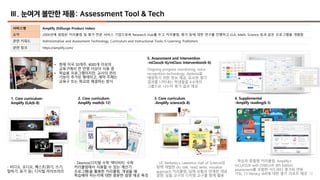 32
Ⅲ. 눈여겨 볼만한 제품: Assessment Tool & Tech
서비스명 Amplify (EdSurge Product Index)
요약 2000년에 설립된 커리큘럼 및 평가 전문 서비스 기업으로써 Research Hub를 두고 커리큘럼, 평가 등에 대한 연구를 진행하고 ELA, Math, Science 등과 같은 프로그램을 개발함
관련 키워드 Administrative and Assessment Technology, Curriculum and Instructional Tools, E-Learning, Publishers
관련 링크 https://amplify.com/
• 현재 미국 50개주, 4000개 이상의
교육구에서 천 만명 이상이 사용 중
• 학습용 프로그램이지만, 교사의 관리
기능이 추가된 형태이고, 계약 주체는
교육구 또는 학교와 체결하는 방식
2. Core curriculum-
Amplify math(k-12)
3. Core curriculum
-Amplify science(k-8)
- 비디오, 오디오, 퀘스트(읽기, 쓰기,
말하기, 듣기 등), 디지털 라이브러리
- Desmos(디지털 수학 액티비티, 수학
커리큘럼에서 사용할 수 있는 계산기
프로그램)을 활용한 커리큘럼, 개념을 왜
학습해야 하는지에 대한 충분한 설명 제공 특징
- UC Berkeley’s Lawrence Hall of Science와
함께 개발한 do, talk, read, write, visualize
approach 커리큘럼, 실제 상황과 연계한 개념
설명, 실물 교구와 디지털 교구를 함께 활용
4. Supplemental
-Amplify reading(k-5)
- 학습자 맞춤형 커리큘럼, Amplify’s
mCLASS® with DIBELS® 8th Edition
assessment를 포함한 서드파티 평가와 연동
가능, 13 literacy skill에 대한 평가 리포트 제공
5. Assessment and Intervention
-mClass(k-6)/mClass Intervention(k-6)
Ongoing progress monitoring, voice
recognition technology, dyslexia을
예방하기 위한 정보 제공, 유사한 평가
결과를 나타내는 학생들을 4-6개의
그룹으로 나누어 평가 결과 제공
1. Core curriculum-
Amplify ELA(6-8)
 