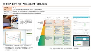 36
Ⅲ. 눈여겨 볼만한 제품: Assessment Tool & Tech
서비스명 i-Ready
요약 온라인 학습 프로그램으로 독서와 수학 진단평가 및 관련 수업을 제공
관련 키워드 Curriculum and Instructional Tools, E-Learning, Remote/Cloud Computing
관련 링크 https://www.curriculumassociates.com/programs/i-ready-learning
- 학생 개개인에 맞춰 문제 수준을 조정하는 적응형 평가 제공
- 주어진 문제의 정답을 맞추는 경우, 더 어려운 문제가 주어지며,
주어진 문제를 틀리는 경우에는 좀 더 쉬운 문제를 제공함
(DKT 모델과 유사해보였음)
<학생 개개인의 수준과 적당한 속도를 고려한 맞춤 수업을 제공>
• 독서와 수학 콘텐츠에 대한
커리큘럼, 평가를 제공하며
대시보드를 다양한 형태로
제공하고 있음
 