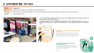 67
Ⅲ. 눈여겨 볼만한 제품: 기타 서비스
서비스명 Engage2Learn
요약 Engage2Learn은 교사를 대상으로 한 맞춤형 교육과 코칭을 제공하는 회사
관련 키워드 Administrative and Assessment Technology, Curriculum and Instructional Tools, Professional Development, Credentials, and Continuing Education
관련 링크 https://engage2learn.org
• 교원 연수 프로그램을 다양하게 보유하고 있으며, 한국의 교원 생애주기별 연수 프로그램과 유사한 방식으로
job-embedded coaching을 제공한다고 함
• 학생들을 위한 맞춤형 교육 프로그램들을 다양하게 출시되어 있지만, 교사를 대상으로 한 연수는 on-size-
fits-all 형식이므로 E2L은 교사 개인별 수준과 배경에 맞게 연수 프로그램과 코칭을 제공하는 것이 장점이라
소개
 