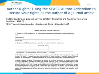 La voie dorée pour le libre accès
Les revues en libre accès
• Une revue en libre accès:
• répond aux exigences de qualité scientifique des articles
(peer-reviewing)
• a un mode de financement permettant une diffusion aussi
large que possible sans restriction d’accès ni d’utilisation.
• Distinguer les modèles éditoriaux des revues:
• Des revues totalement en libre accès
• Des revues mixtes (Open Choice)
• Des revues en libre accès « différé »
• Faire attention aux modèles économiques des revues:
• Le modèle auteur-payeur (APC)
• Le modèle Freemium
• Le modèle de la barrière mobile
29/04/13
32
 